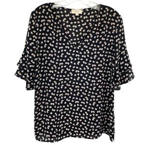 Ann Taylor Loft Floral Blouse with Bell Sleeves Black & White